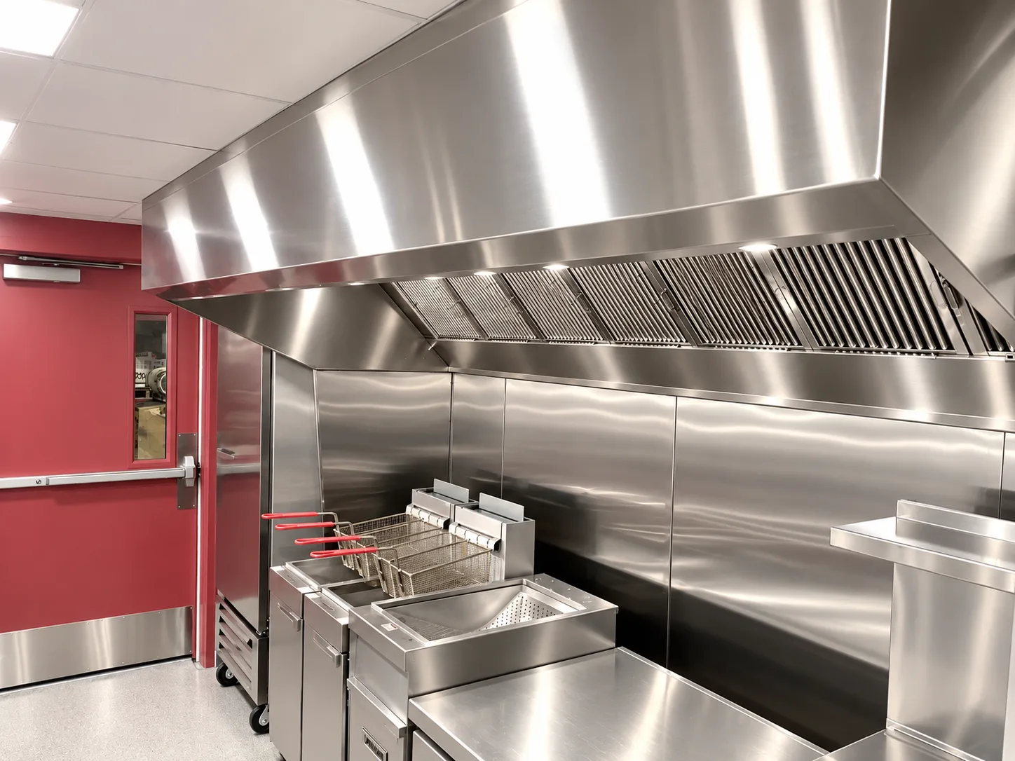 Clean stainless steel kitchen exhaust hood above commercial fryers after service