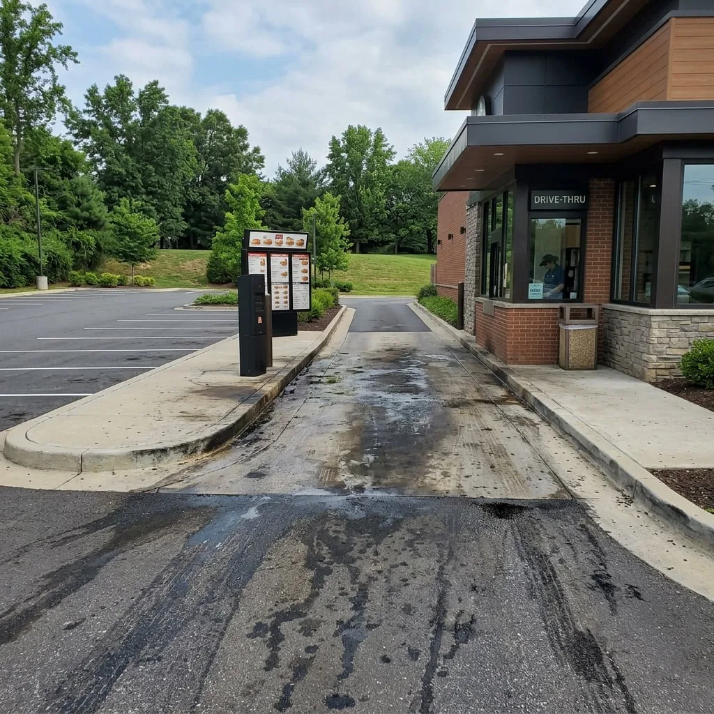Grease-stained restaurant drive-thru lane before exterior cleaning