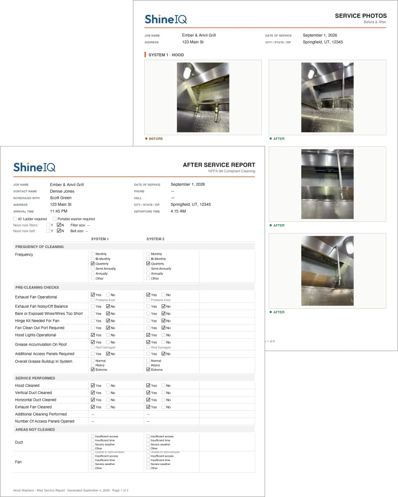 Sample hood cleaning records: a ShineIQ After-Service Report
