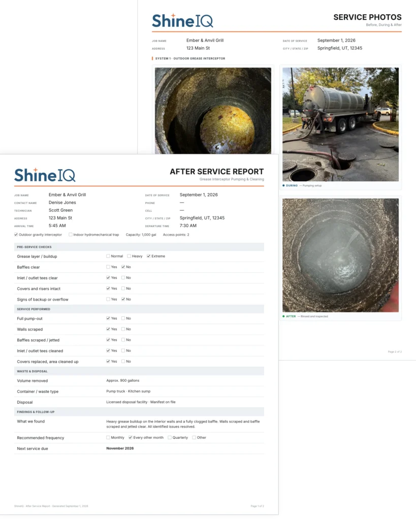 Sample ShineIQ grease interceptor After Service Report with a service photos page