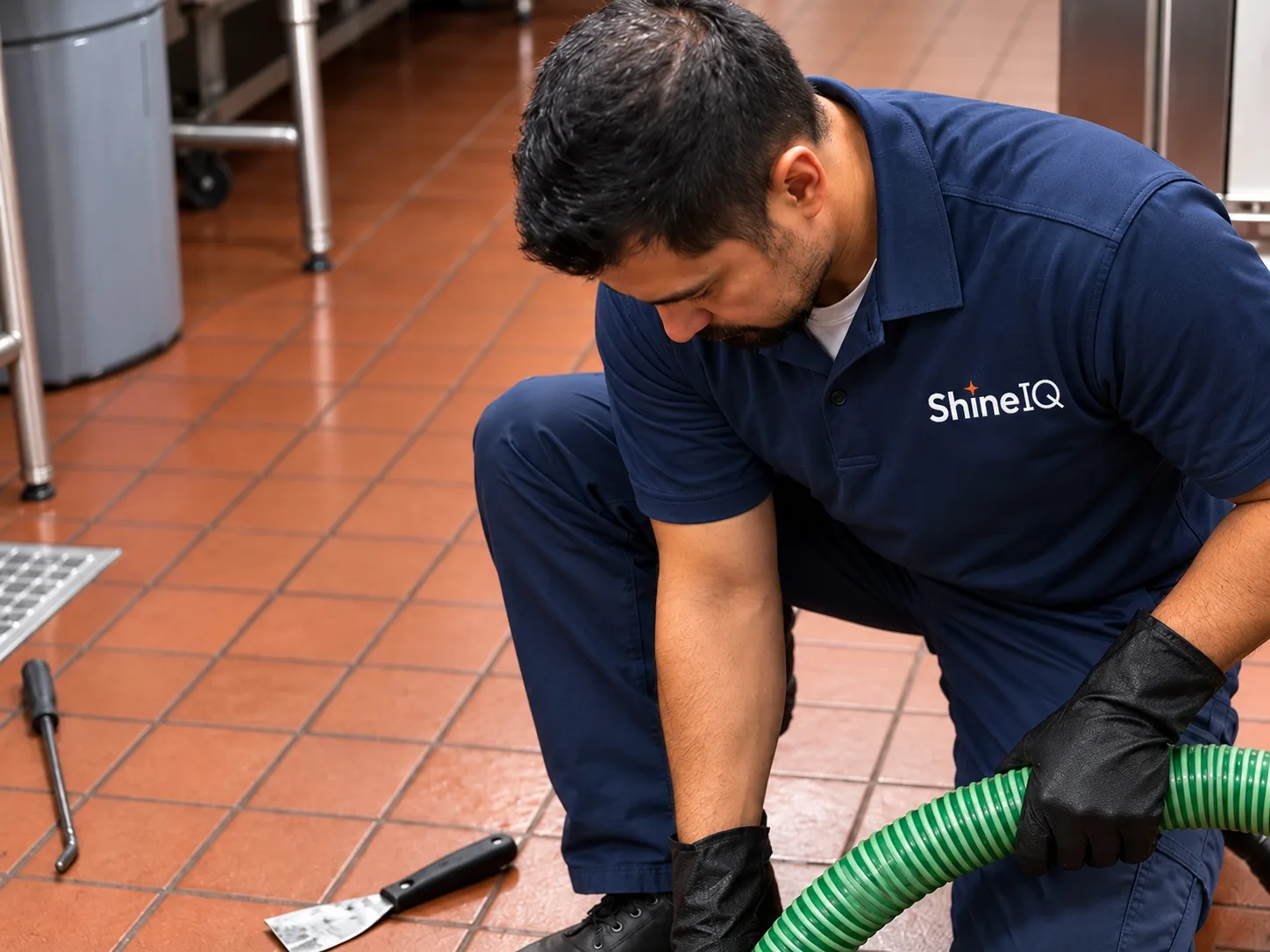 ShineIQ technician kneeling with a vacuum hose to service a kitchen grease trap