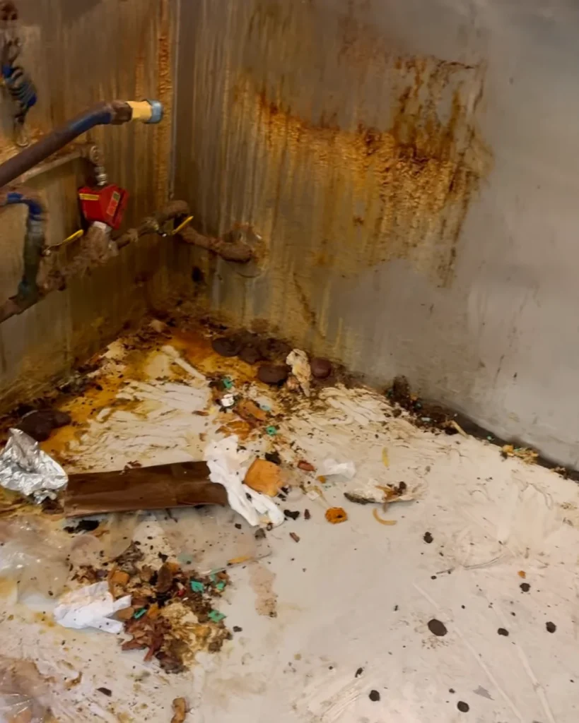 Grease and debris in the corner behind kitchen equipment before cleaning