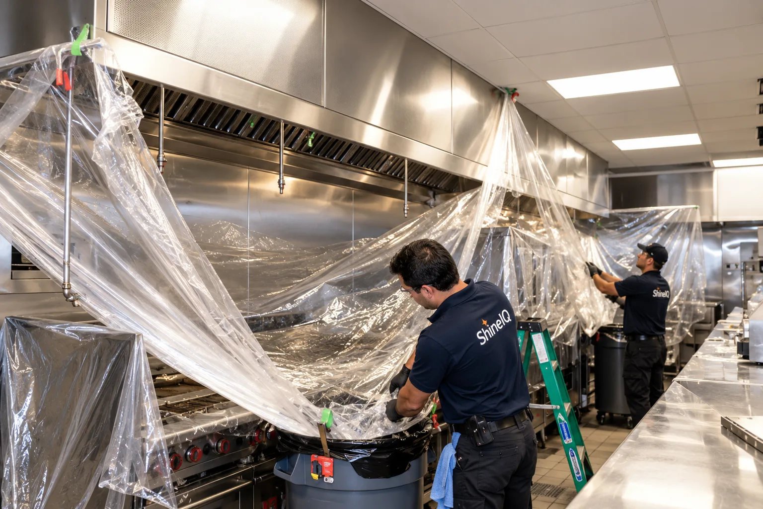ShineIQ technicians cleaning a kitchen exhaust hood draped in protective plastic sheeting