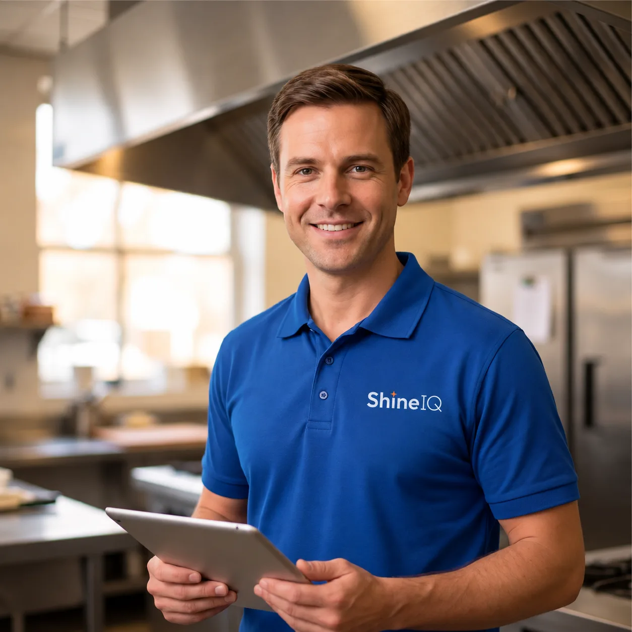 ShineIQ technician inspecting a commercial kitchen hood