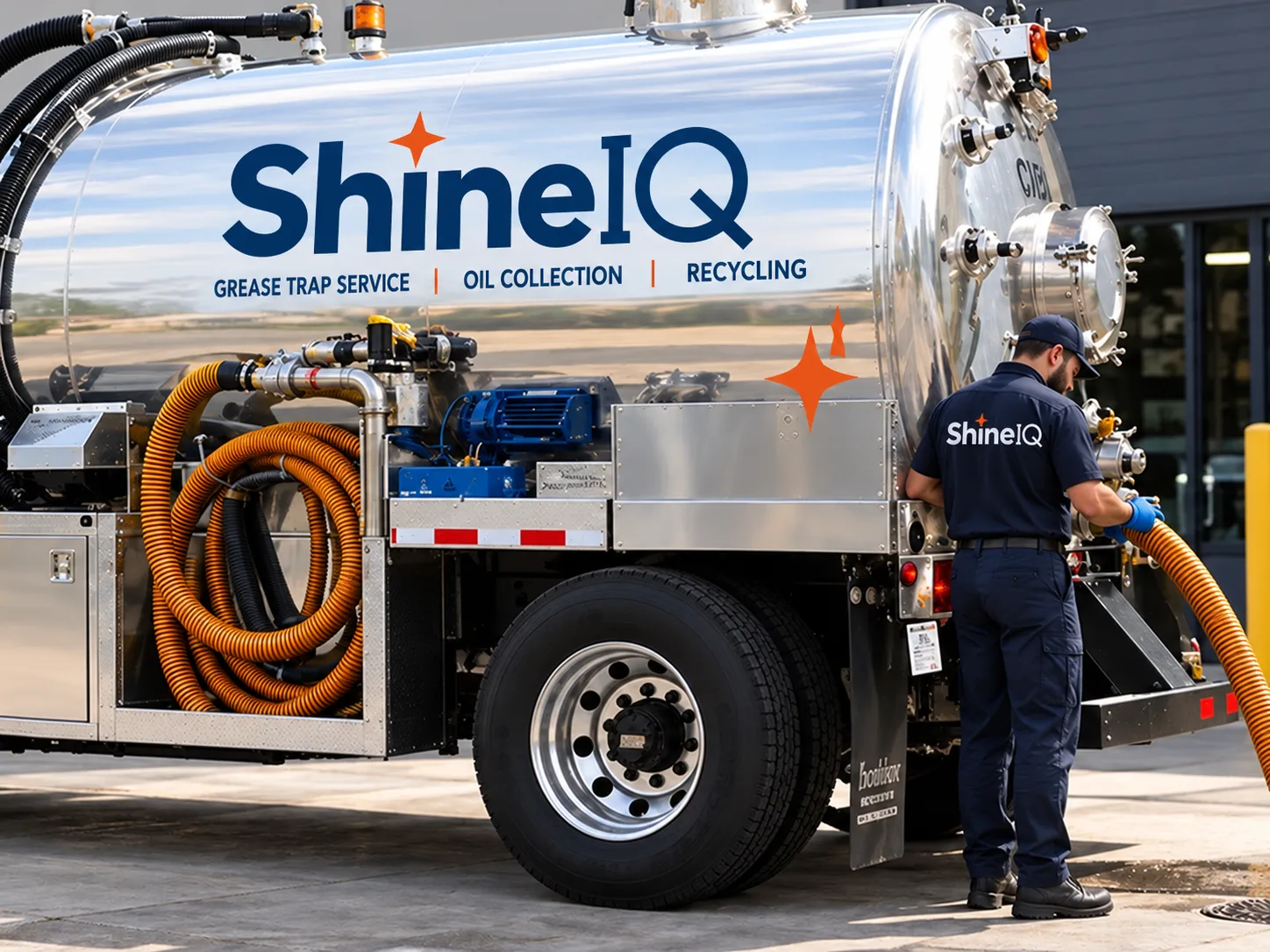 ShineIQ technician connecting a hose to a used cooking oil collection truck