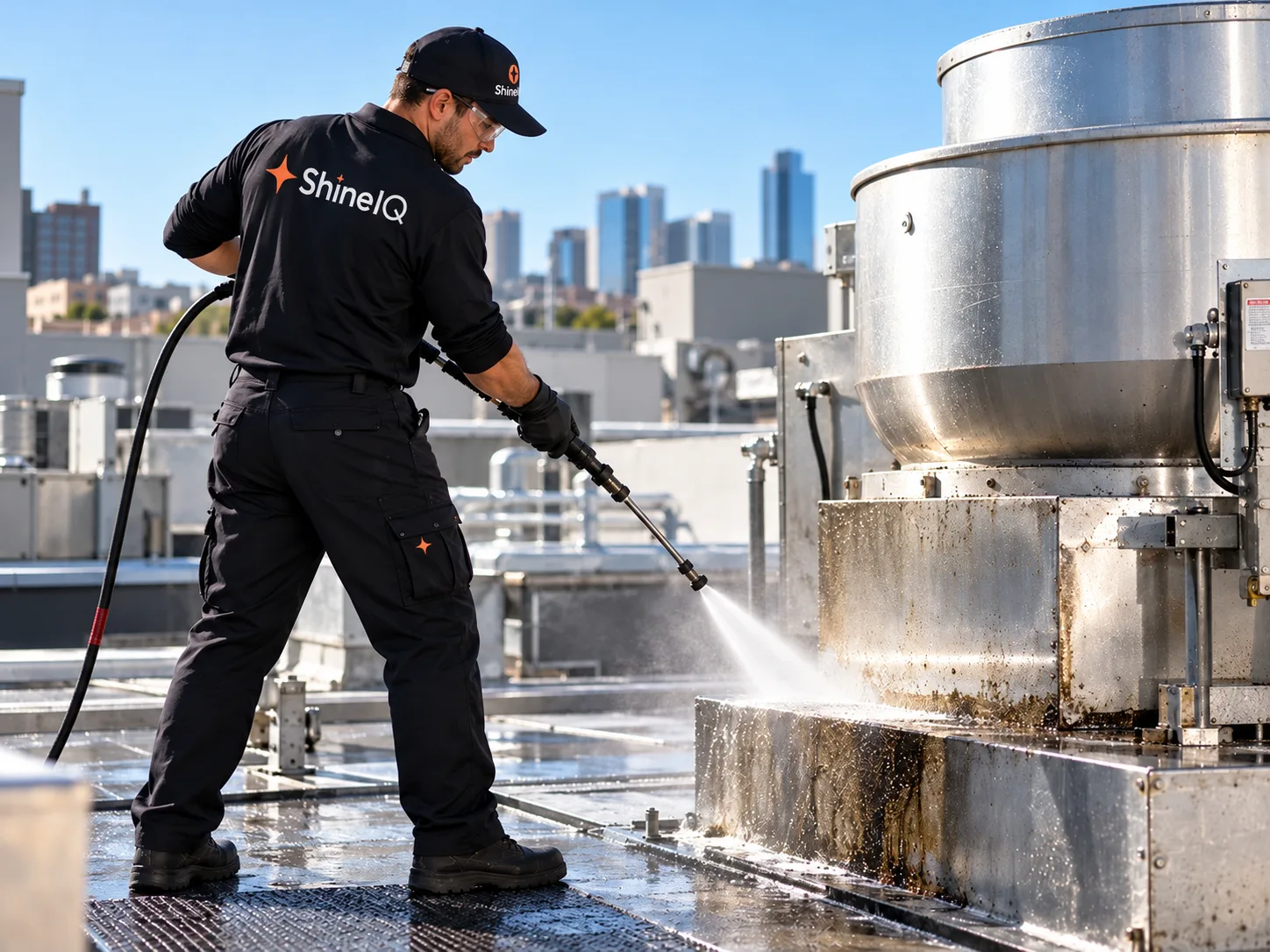 ShineIQ technician power-washing grease buildup at the base of a rooftop exhaust fan