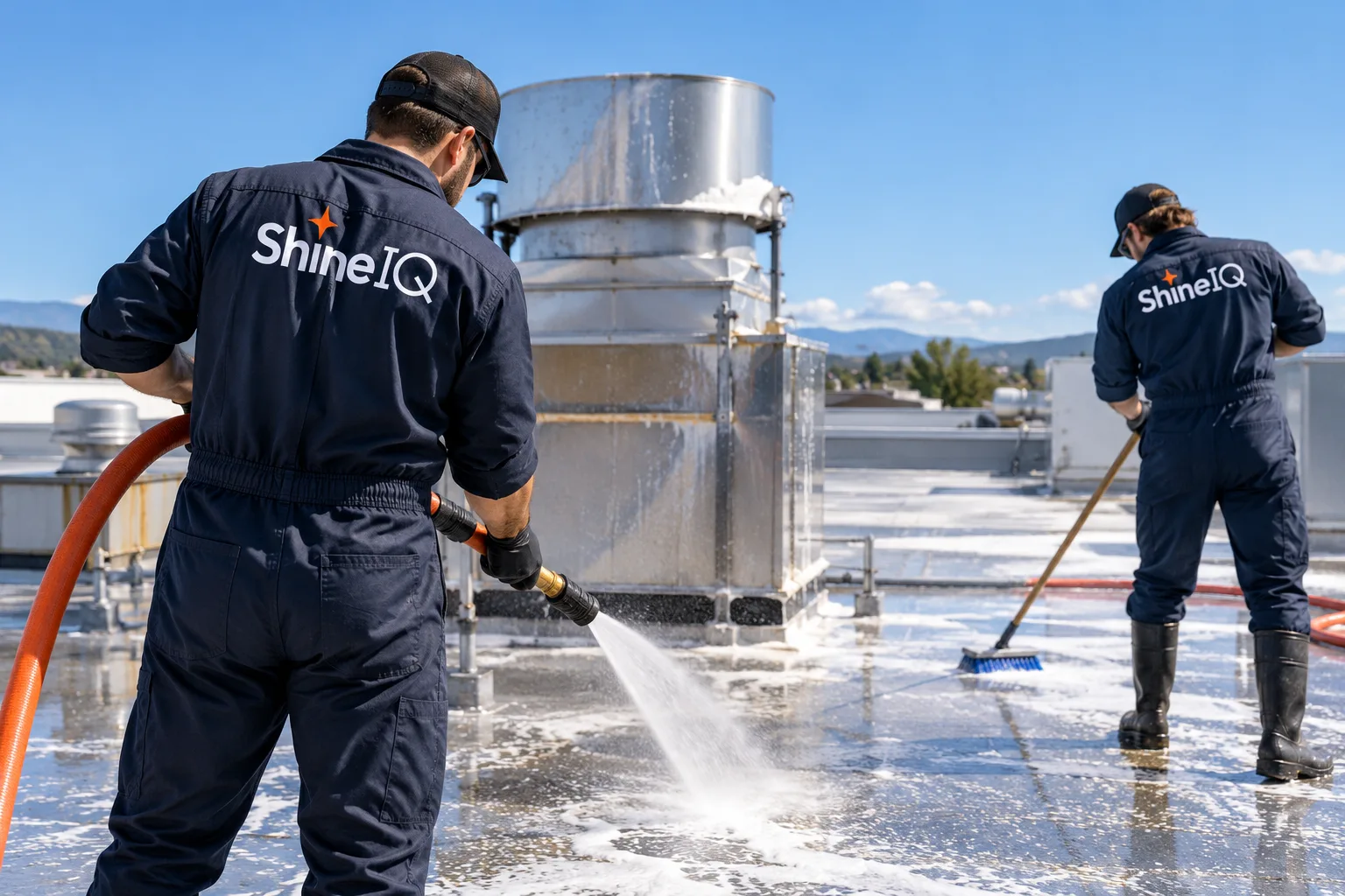Two ShineIQ technicians washing and scrubbing grease from a commercial roof around an exhaust fan