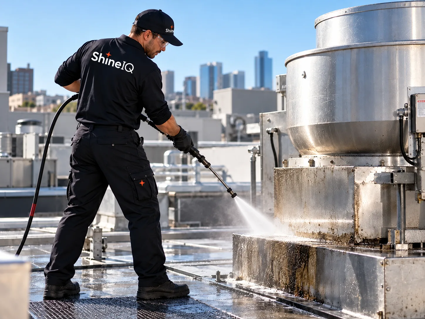 ShineIQ technician power-washing grease from a rooftop exhaust fan