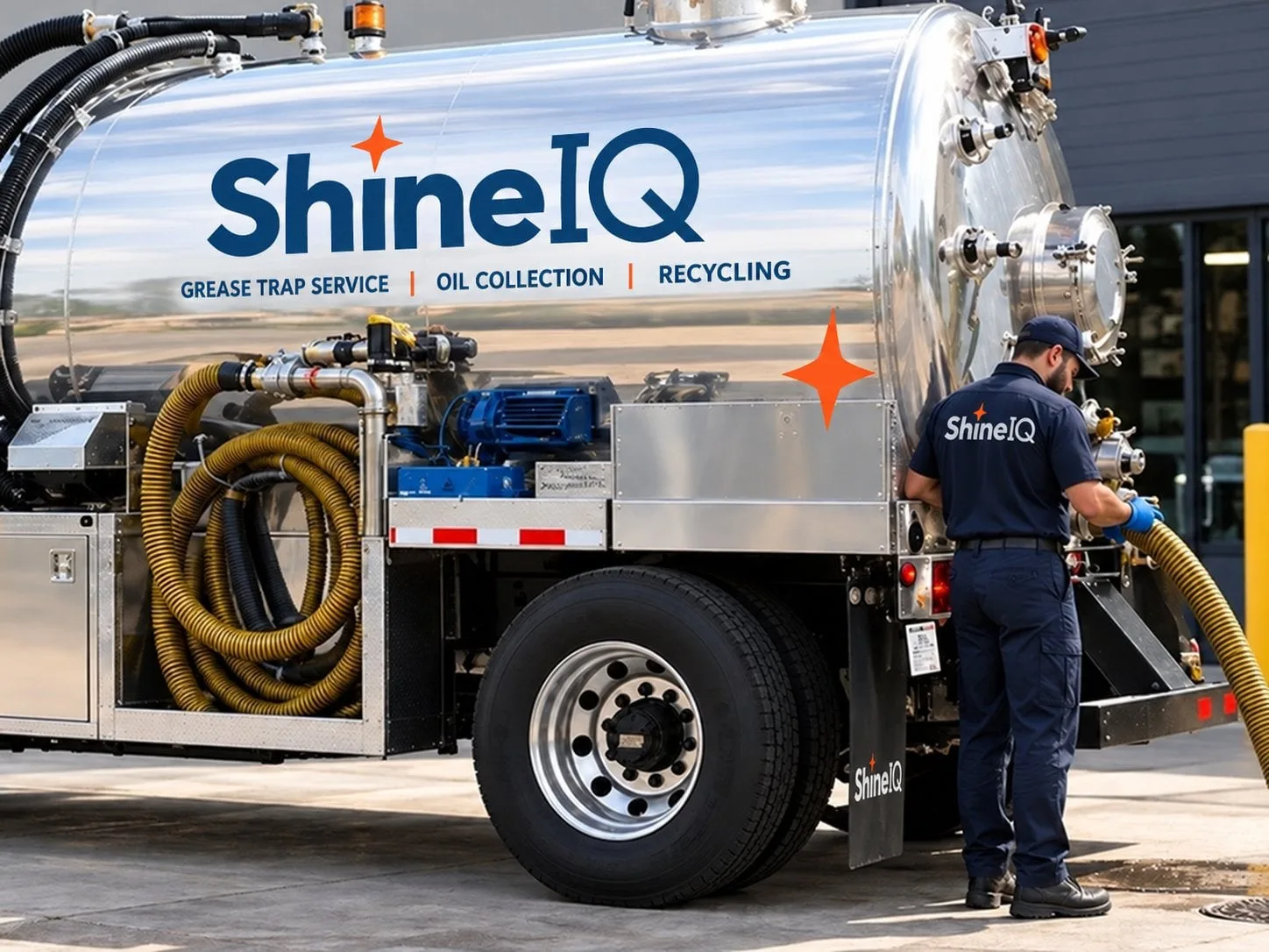 ShineIQ technician connecting a hose to a used cooking oil collection truck