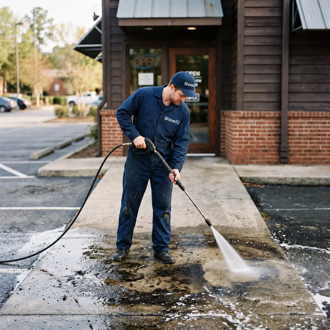 ShineIQ technician performing restaurant exterior cleaning on a grease-stained walkway