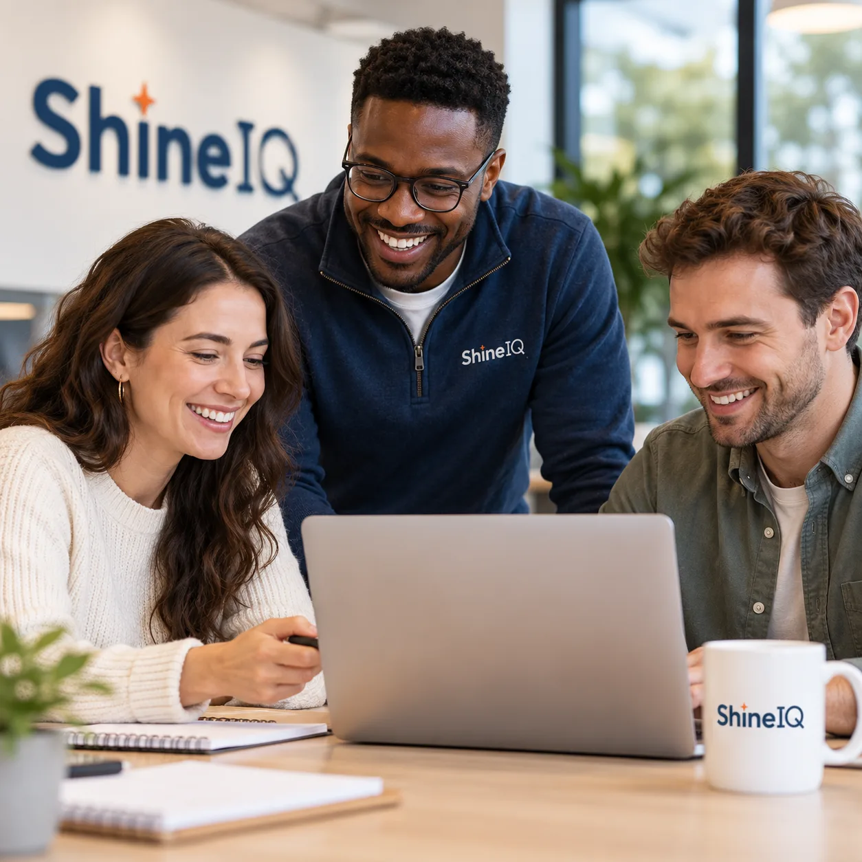 ShineIQ team members reviewing work together on a laptop
