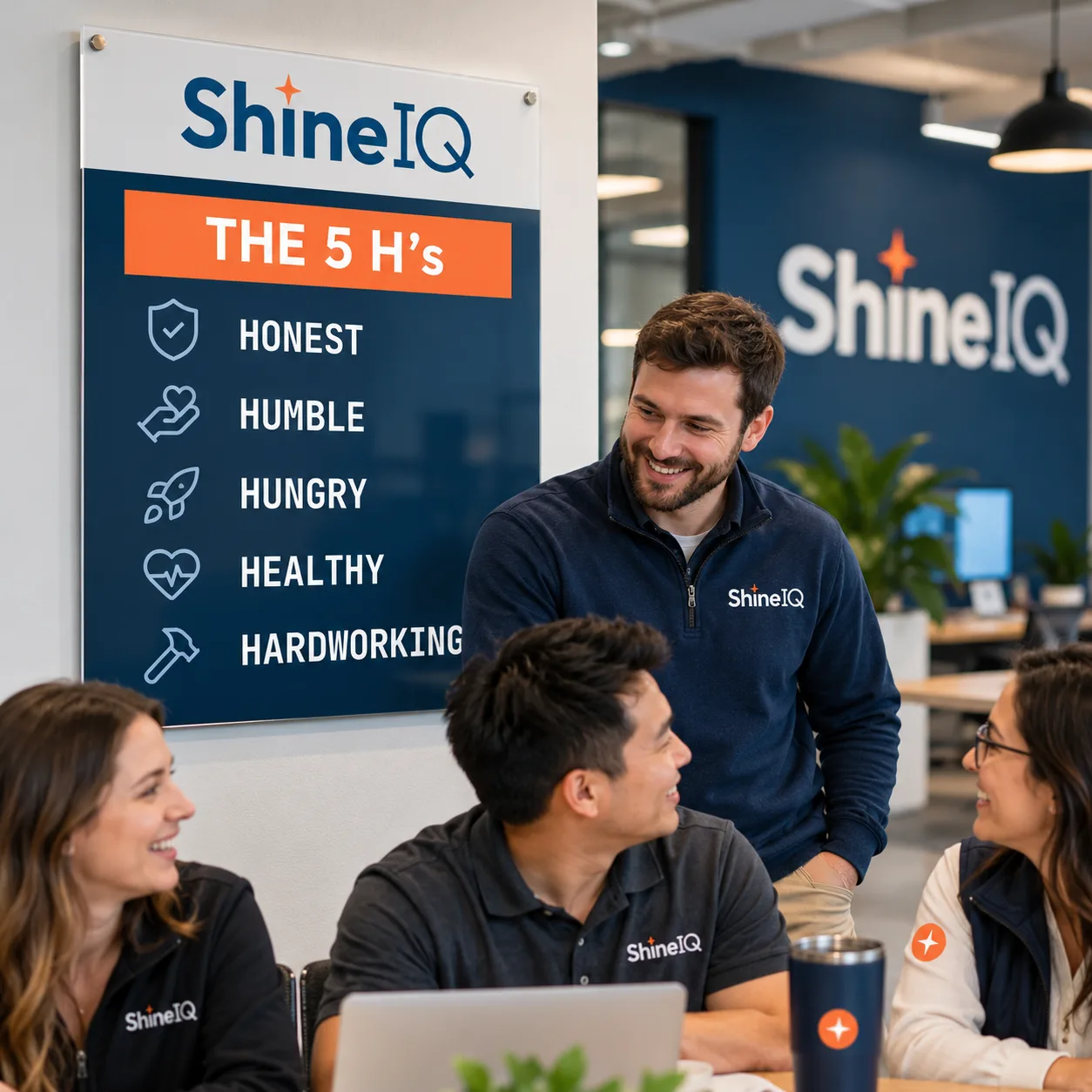 ShineIQ team in the office beside the 5 H’s values sign