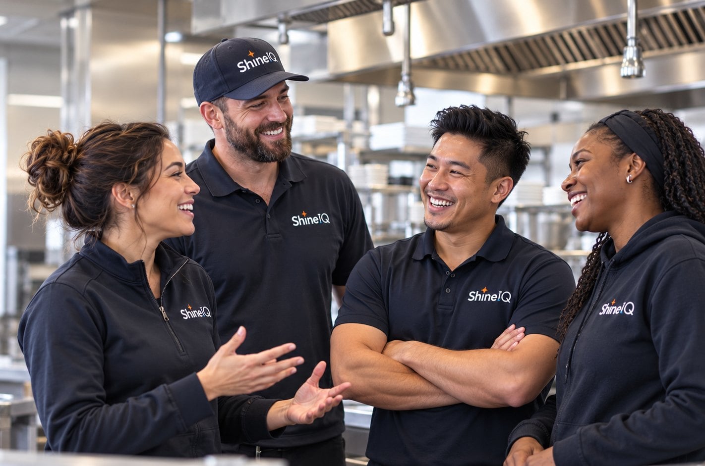 Four smiling ShineIQ team members in a commercial kitchen