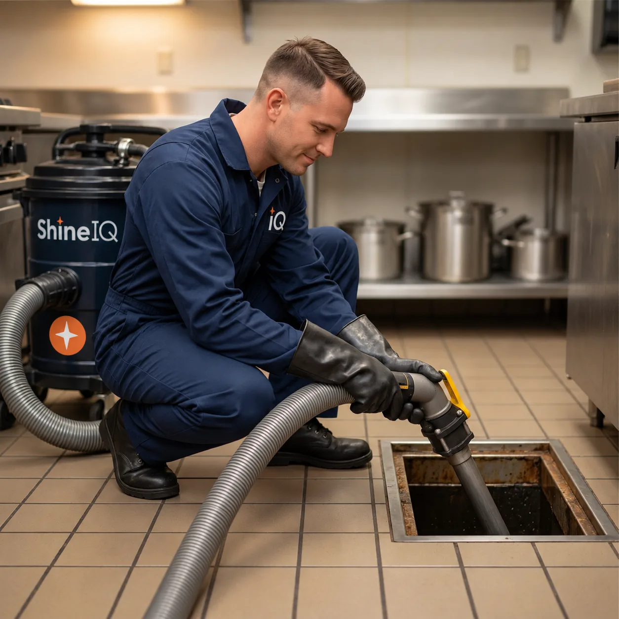 ShineIQ technician pumping an indoor grease trap in a commercial kitchen