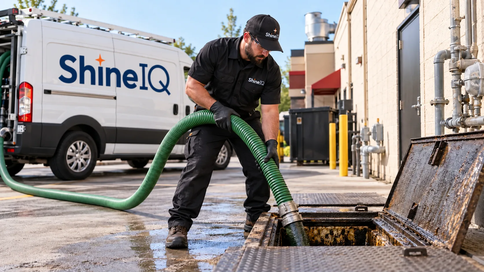 ShineIQ technician pumping an outdoor grease interceptor