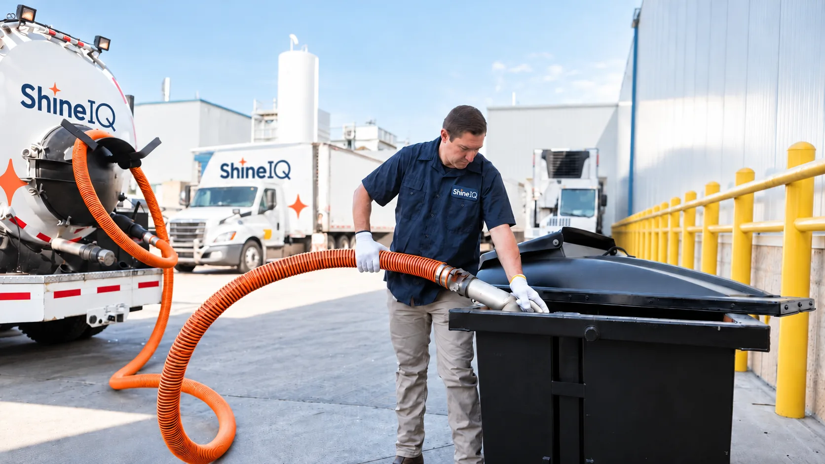 ShineIQ technician connecting a collection hose to a used cooking oil container beside a ShineIQ truck