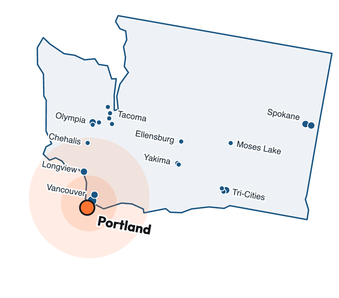 Map of Washington showing cities with ShineIQ customers: Vancouver, Battle Ground and Longview near the Portland hub, Chehalis, Olympia, Lacey, Tumwater, Tacoma, Lakewood, Spanaway and Gig Harbor around the south Puget Sound, and Ellensburg, Yakima, Union Gap, Moses Lake, the Tri-Cities, Spokane and Spokane Valley in Eastern Washington