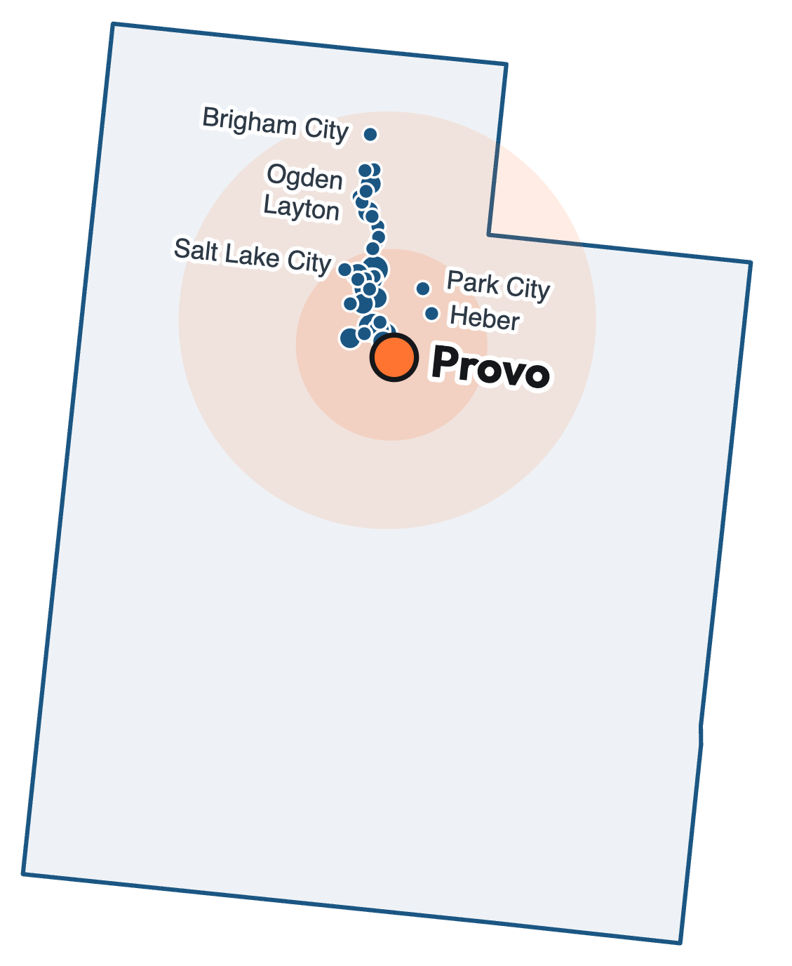 Map of Utah showing cities with ShineIQ customers: a dense Wasatch Front cluster from Provo and Orem through Lehi and the Salt Lake Valley north to Ogden and Brigham City, plus Park City and Heber